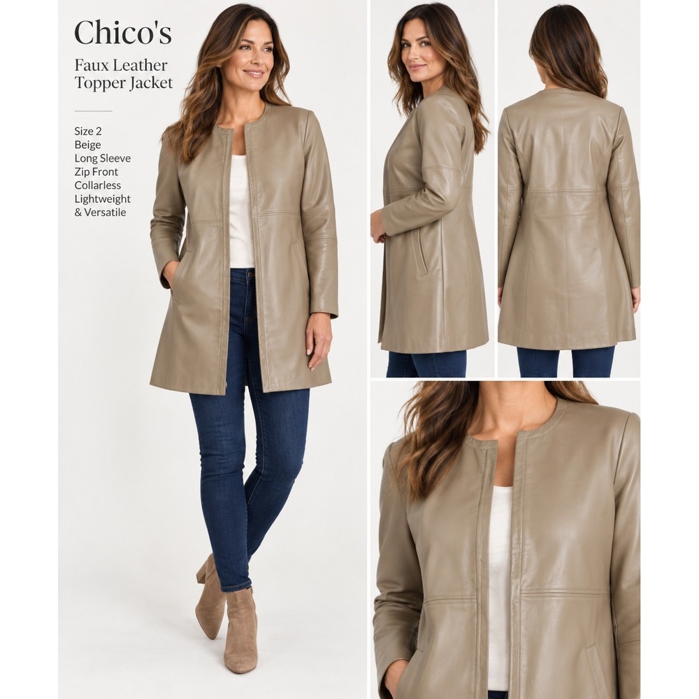 Chico's Womens Size 2 Beige Faux Leather Long Topper Jacket NWT Zip Front